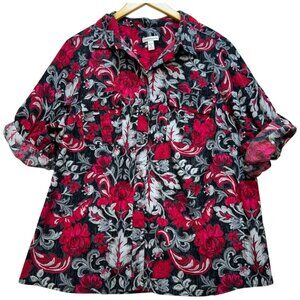 Croft & Barrow Womens Button Up Shirt Roll Tab Sleeve Stretch Sz 2X Multi Floral